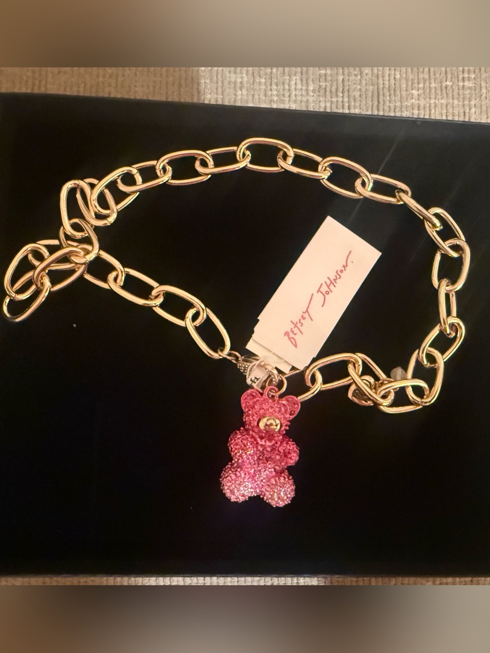 Betsey Johnson Gold Chain Necklace with Pink Crystal Teddy Charm